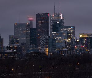 Preview wallpaper skyscrapers, buildings, lights, twilight, trees, city