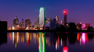 Preview wallpaper skyscrapers, buildings, lights, river, night, city