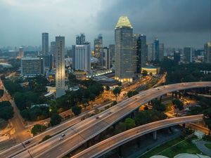 Preview wallpaper skyscrapers, buildings, lights, roads, city