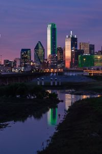Preview wallpaper skyscrapers, buildings, reflections, river, city, dallas, usa