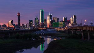 Preview wallpaper skyscrapers, buildings, reflections, river, city, dallas, usa