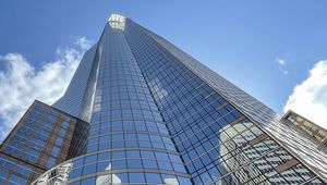 Preview wallpaper skyscrapers, buildings, reflections, mirror, bottom view