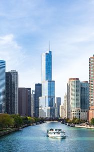 Preview wallpaper skyscrapers, buildings, river, ship, city