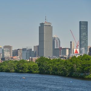 Preview wallpaper skyscrapers, buildings, sea, trees