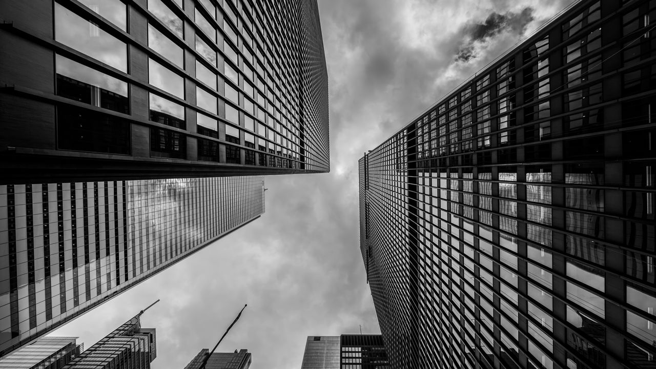 Wallpaper skyscrapers, buildings, sky, sun, bw