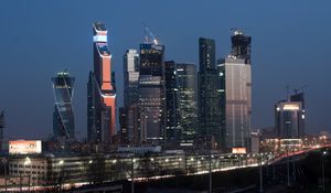 Preview wallpaper skyscrapers, buildings, twilight, dark, moscow