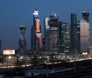 Preview wallpaper skyscrapers, buildings, twilight, dark, moscow