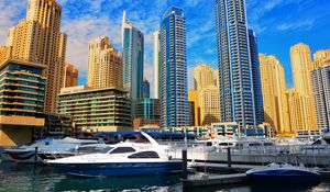 Preview wallpaper skyscrapers, buildings, yachts, pier, city