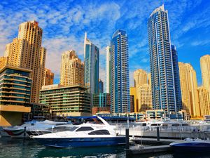 Preview wallpaper skyscrapers, buildings, yachts, pier, city