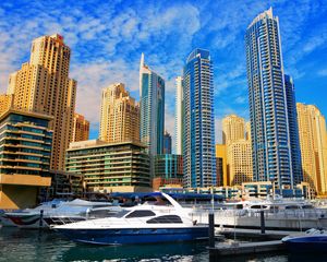 Preview wallpaper skyscrapers, buildings, yachts, pier, city