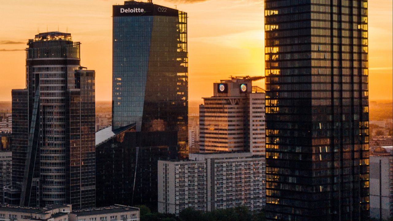 Wallpaper skyscrapers, city, aerial view, sunset, buildings