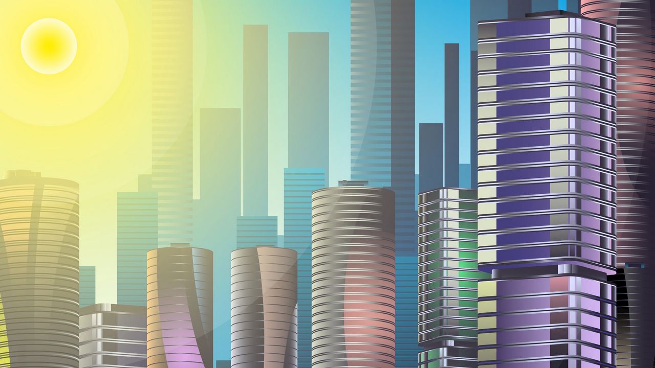 Wallpaper skyscrapers, city, buildings, sun, art