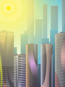 Preview wallpaper skyscrapers, city, buildings, sun, art