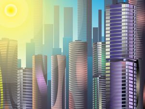 Preview wallpaper skyscrapers, city, buildings, sun, art