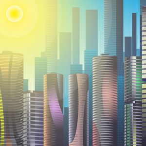 Preview wallpaper skyscrapers, city, buildings, sun, art