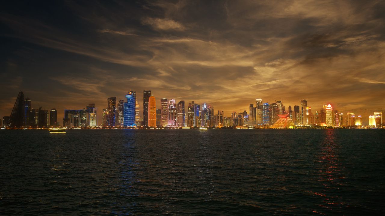 Wallpaper skyscrapers, city, lights, night, sea, doha, qatar