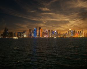 Preview wallpaper skyscrapers, city, lights, night, sea, doha, qatar
