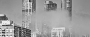 Preview wallpaper skyscrapers, fog, bridge, city, black and white