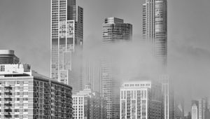 Preview wallpaper skyscrapers, fog, bridge, city, black and white
