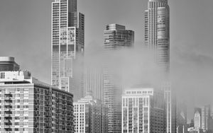 Preview wallpaper skyscrapers, fog, bridge, city, black and white
