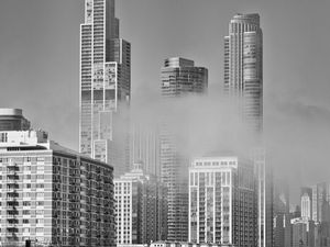 Preview wallpaper skyscrapers, fog, bridge, city, black and white