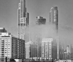 Preview wallpaper skyscrapers, fog, bridge, city, black and white