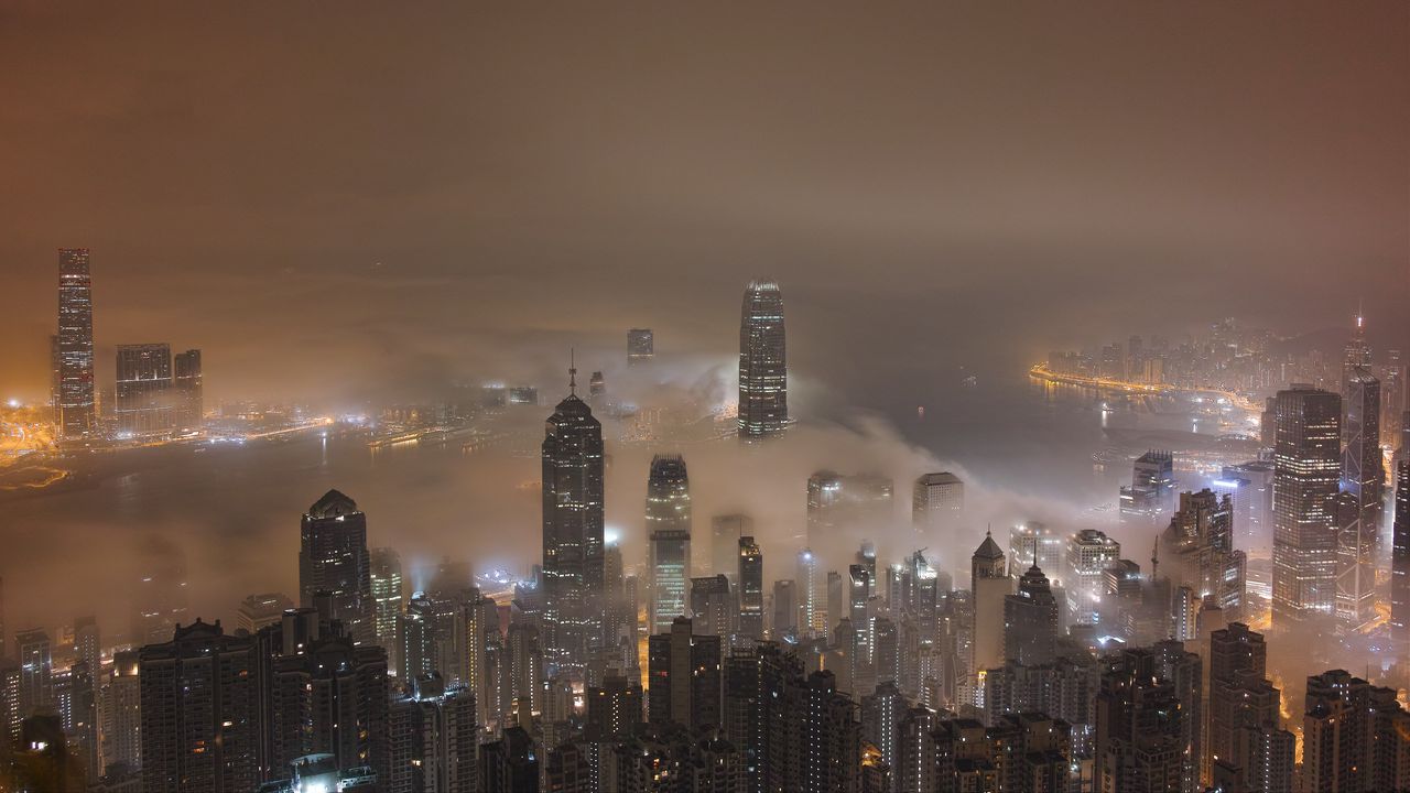 Wallpaper skyscrapers, fog, lights, night, city