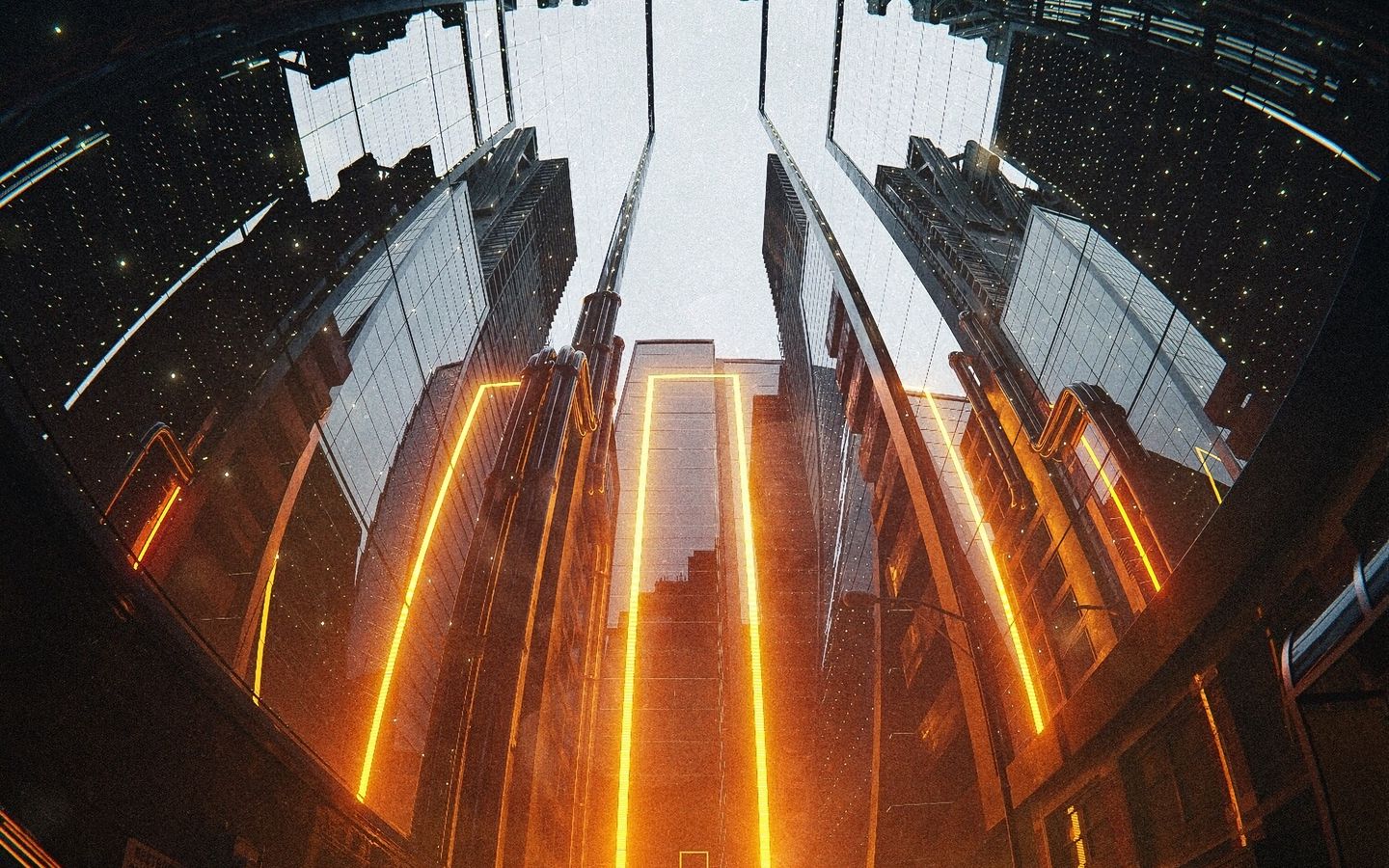 1440x900 Wallpaper skyscrapers, frame, neon, rain, art