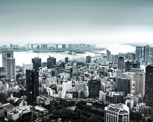 Preview wallpaper skyscrapers, houses, river, top view, panorama, city, black and white