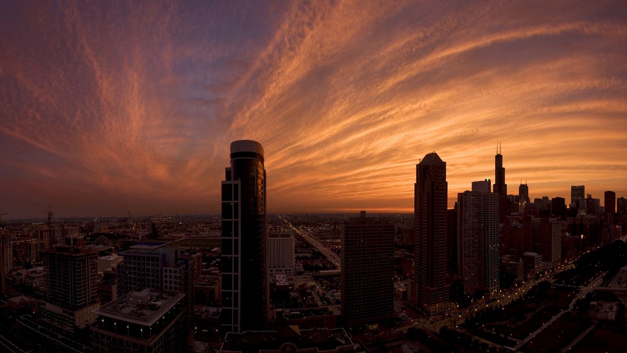 Wallpaper skyscrapers, houses, streets, traffic, metropolis, sky, clouds, dawn