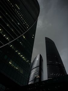 Preview wallpaper skyscrapers, lights, buildings, night, city, bottom view