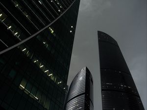 Preview wallpaper skyscrapers, lights, buildings, night, city, bottom view