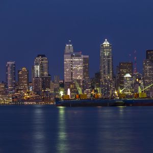 Preview wallpaper skyscrapers, lights, buildings, city, sea, night