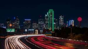 Preview wallpaper skyscrapers, neon, road, long exposure, city, lights