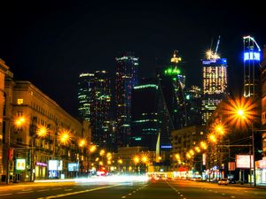 Preview wallpaper skyscrapers, night city, architecture, city lights, moscow, russia