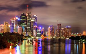 Preview wallpaper skyscrapers, night, light, boat