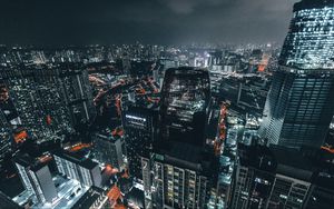 Preview wallpaper skyscrapers, night, top view, city lights, metropolis
