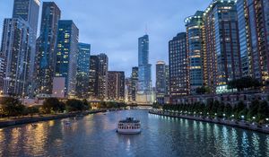 Preview wallpaper skyscrapers, river, boat