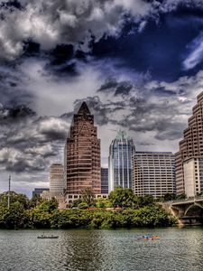 Preview wallpaper skyscrapers, river, tree, bridge, hdr