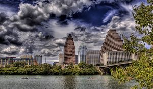 Preview wallpaper skyscrapers, river, tree, bridge, hdr