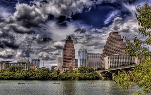 Preview wallpaper skyscrapers, river, tree, bridge, hdr