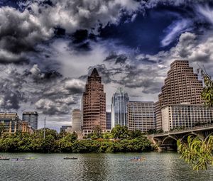 Preview wallpaper skyscrapers, river, tree, bridge, hdr