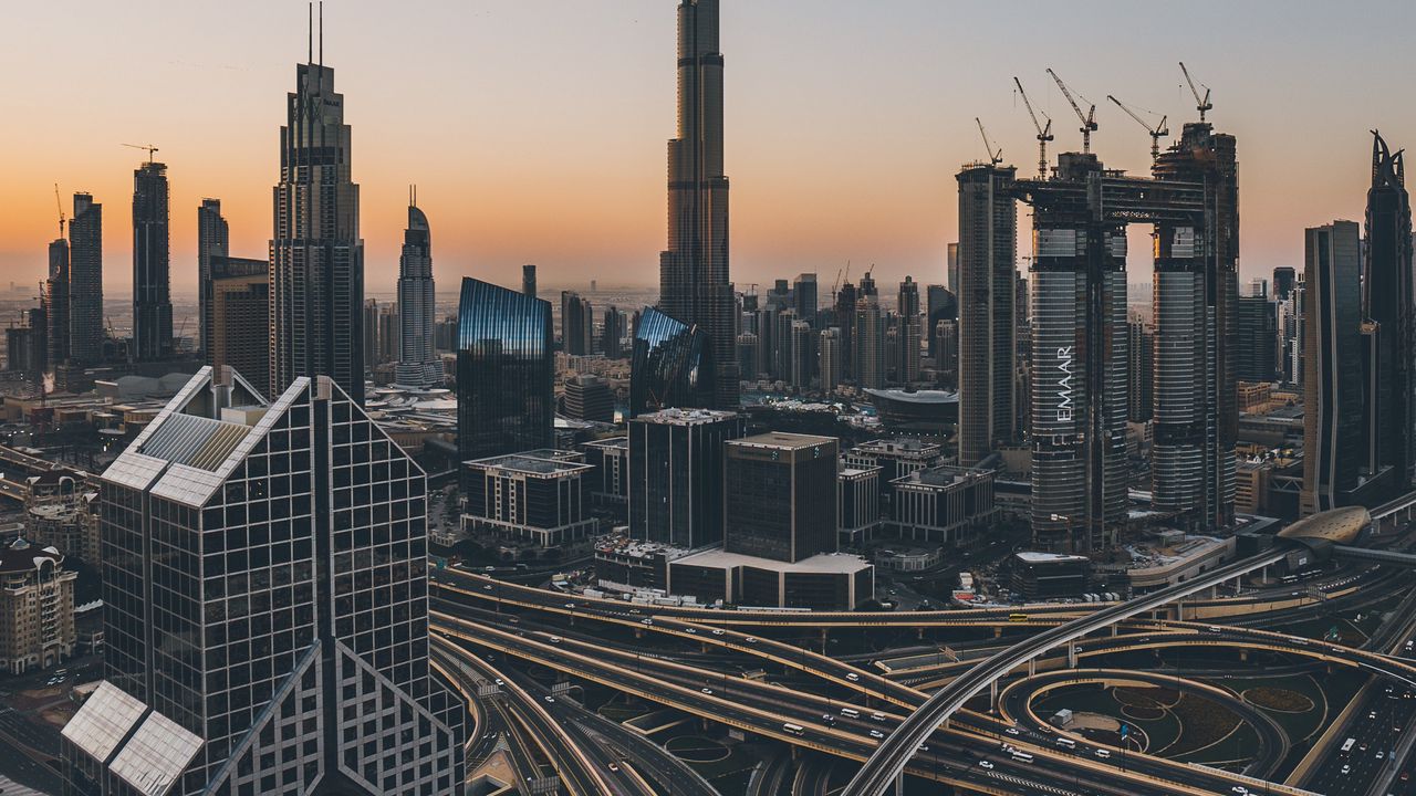 Wallpaper skyscrapers, road junction, multi-level, architecture, buildings, modern, dubai, uae