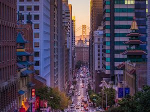 Preview wallpaper skyscrapers, road, marking, traffic, city