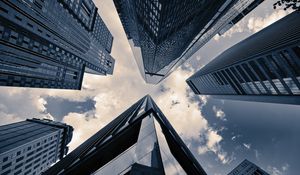 Preview wallpaper skyscrapers, sky, clouds, buildings, bottom view