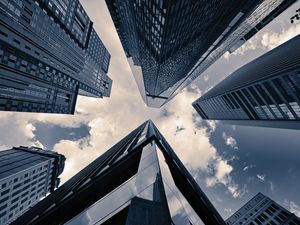 Preview wallpaper skyscrapers, sky, clouds, buildings, bottom view