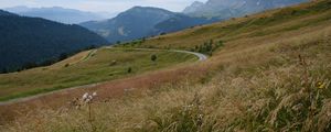 Preview wallpaper slope, field, path, mountains, fog, sky