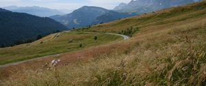 Preview wallpaper slope, field, path, mountains, fog, sky