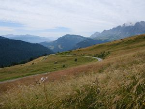 Preview wallpaper slope, field, path, mountains, fog, sky