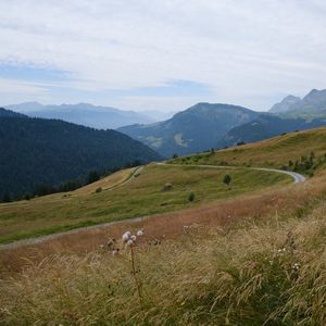 Preview wallpaper slope, field, path, mountains, fog, sky